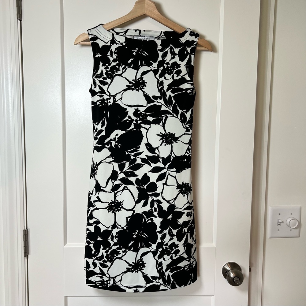 La Belle Vintage 80s-90s Black & White Dogwood Floral Tank Midi Dress